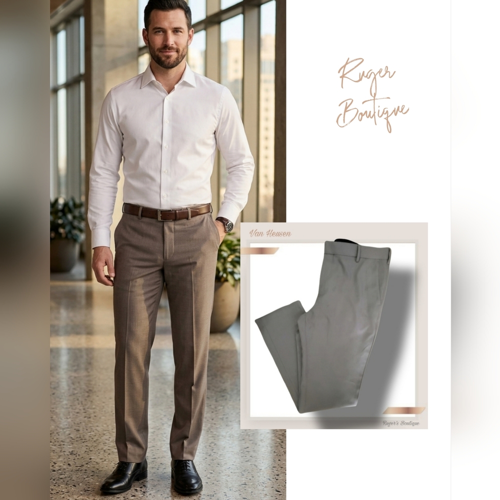 🌿Van Heusen Traveler Flat Front Slim Melange Stretch Dress Pant Taupe 34x34